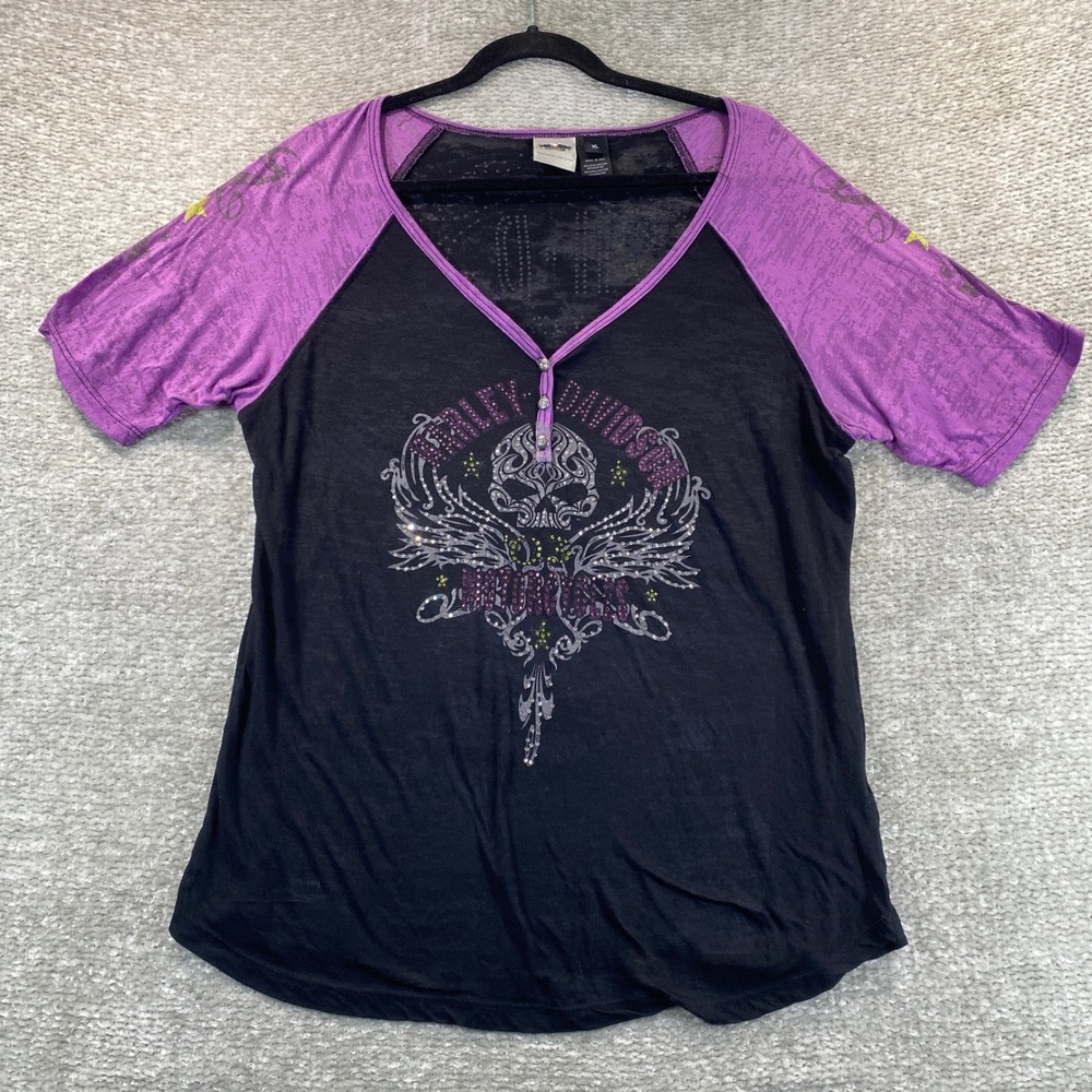 Harley-Davidson Womens XL Black Purple Rhinestone Skull Raglan Henley V-Neck Tee